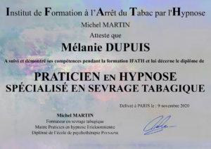 Diplôme Praticienne en Hypnose spécialisé en sevrage tabagique - Mélanie Dupuis